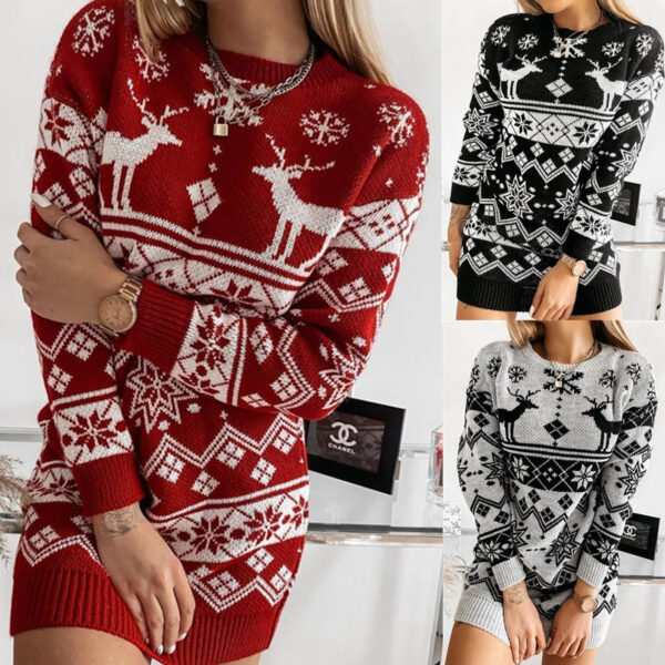 Zomaica Elk Snowflake Christmas Jacquard Knitted Dress Long Knitted Sweaters