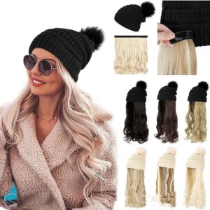Zomaica™ Beanie Wig, Hat Hair Extension Long Wavy Curly Black Hat Wig with Faux Fur Pom Hat, wig hat Attached Synthetic Hairpiece for Women Girls Winter