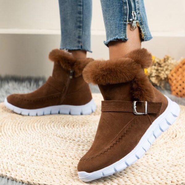 New Snow Boots Winter Warm Thickened Solid Color Plush Ankle Boots With Buckle Design Plus Velvet Flat Shoes For Women - Image 3