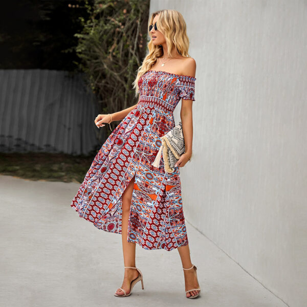 Zomaica Women's Dress Boho Floral Print Off Shoulder Split Long A Line Beach Dress - Image 5