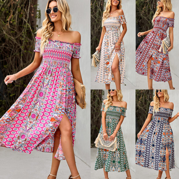 Zomaica Women's Dress Boho Floral Print Off Shoulder Split Long A Line Beach Dress