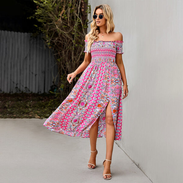 Zomaica Women's Dress Boho Floral Print Off Shoulder Split Long A Line Beach Dress - Image 2
