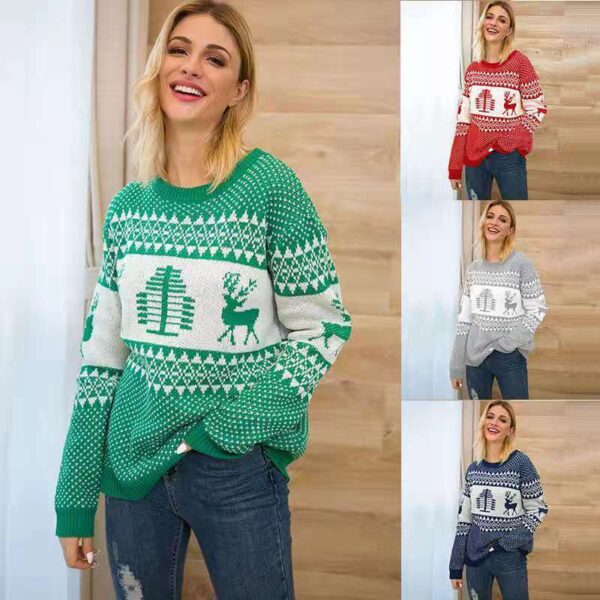 Zomaica Christmas Sweater Cute Elk Geometric Print Knitted Sweater Woemen Winter Tops Clothes
