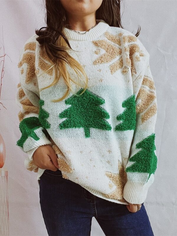 Zomaica Women's Fashion Christmas Tree Jacquard Round Neck Long Sleeve Sweater - Image 6
