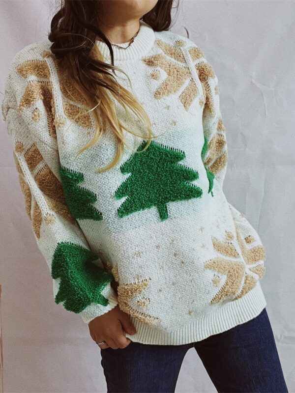 Zomaica Women's Fashion Christmas Tree Jacquard Round Neck Long Sleeve Sweater - Image 5