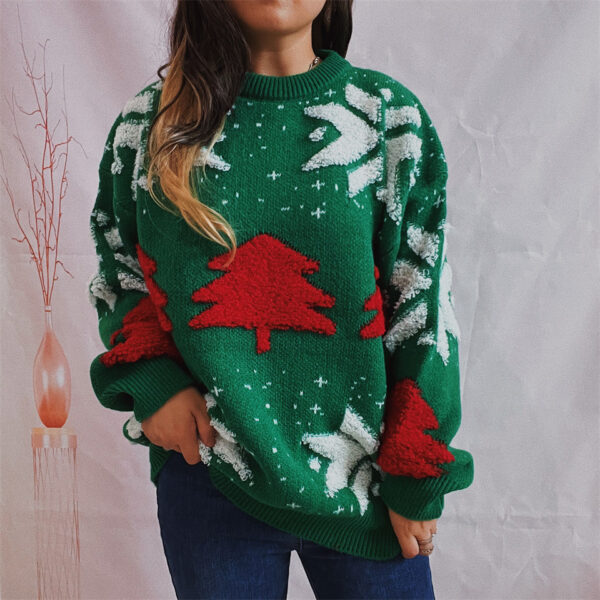 Zomaica Women's Fashion Christmas Tree Jacquard Round Neck Long Sleeve Sweater - Image 4