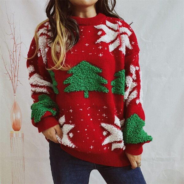 Zomaica Women's Fashion Christmas Tree Jacquard Round Neck Long Sleeve Sweater - Image 2