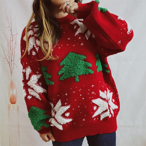 Zomaica Women's Fashion Christmas Tree Jacquard Round Neck Long Sleeve Sweater