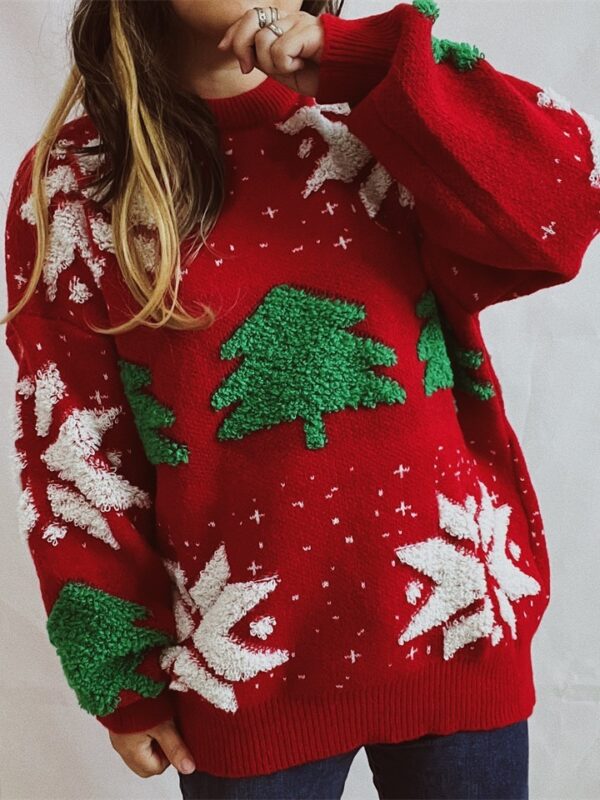 Zomaica Women's Fashion Christmas Tree Jacquard Round Neck Long Sleeve Sweater - Image 7