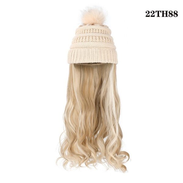 Zomaica™ Beanie Wig, Hat Hair Extension Long Wavy Curly Black Hat Wig with Faux Fur Pom Hat, wig hat Attached Synthetic Hairpiece for Women Girls Winter - Image 3