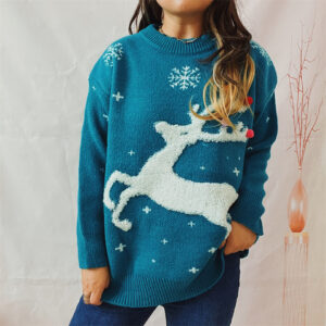 Zomaica Women's Deer Snowflake Jacquard Colorful Ball Christmas Sweater