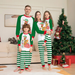 Zomaico Green Cartoon Striped Printed Long Sleeves Festival Homewear Pajamas