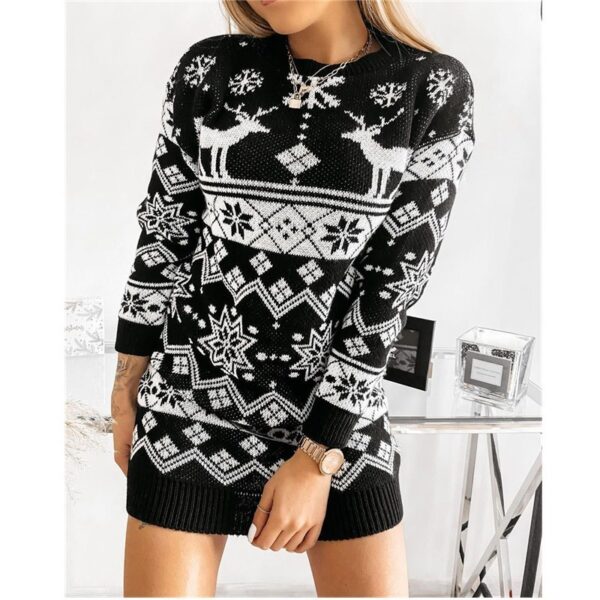 Zomaica Elk Snowflake Christmas Jacquard Knitted Dress Long Knitted Sweaters - Image 3