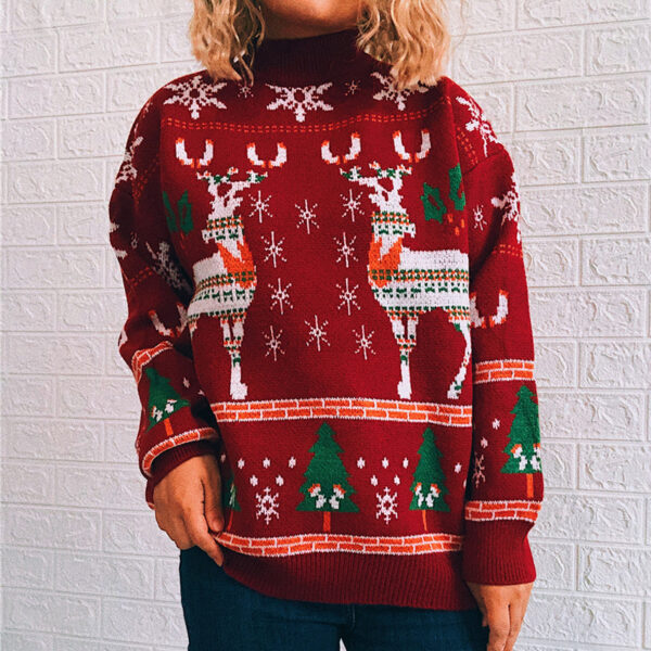 Zomaica Women's Fashion Christmas Theme Elk Snowflake Christmas Tree Knitted Sweater