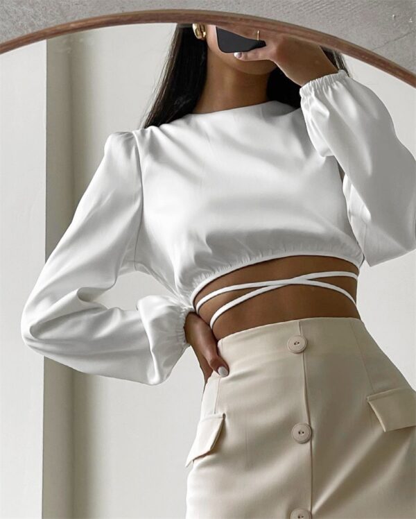 New Lace-up Backless Design Sense Short Section Sexy Navel Long-sleeved Tops Europe And The United States Women Blouses - Image 2