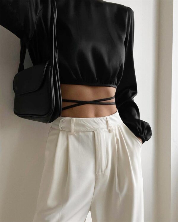 New Lace-up Backless Design Sense Short Section Sexy Navel Long-sleeved Tops Europe And The United States Women Blouses - Image 3