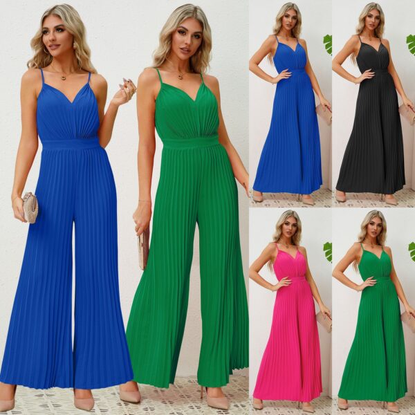 V-neck Suspender Pleated Jumpsuit Solid Color Loose Straight Pants Womens Clothing - Image 2