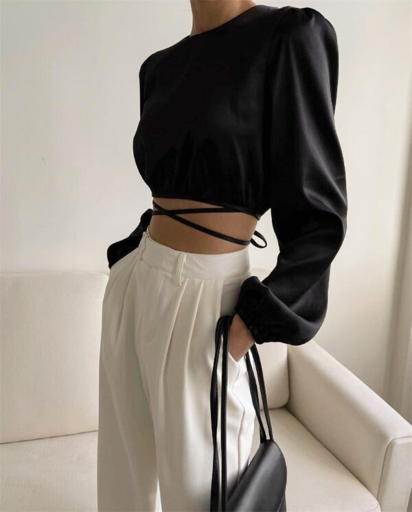 New Lace-up Backless Design Sense Short Section Sexy Navel Long-sleeved Tops Europe And The United States Women Blouses - Image 5