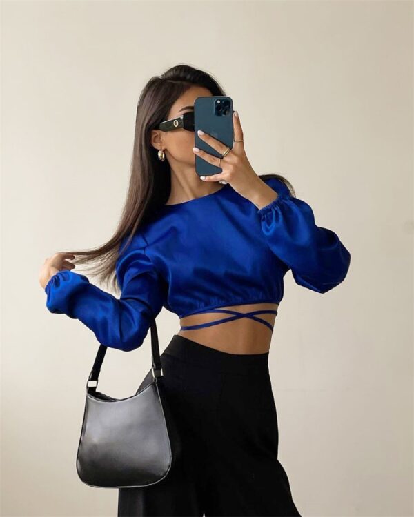 New Lace-up Backless Design Sense Short Section Sexy Navel Long-sleeved Tops Europe And The United States Women Blouses - Image 4